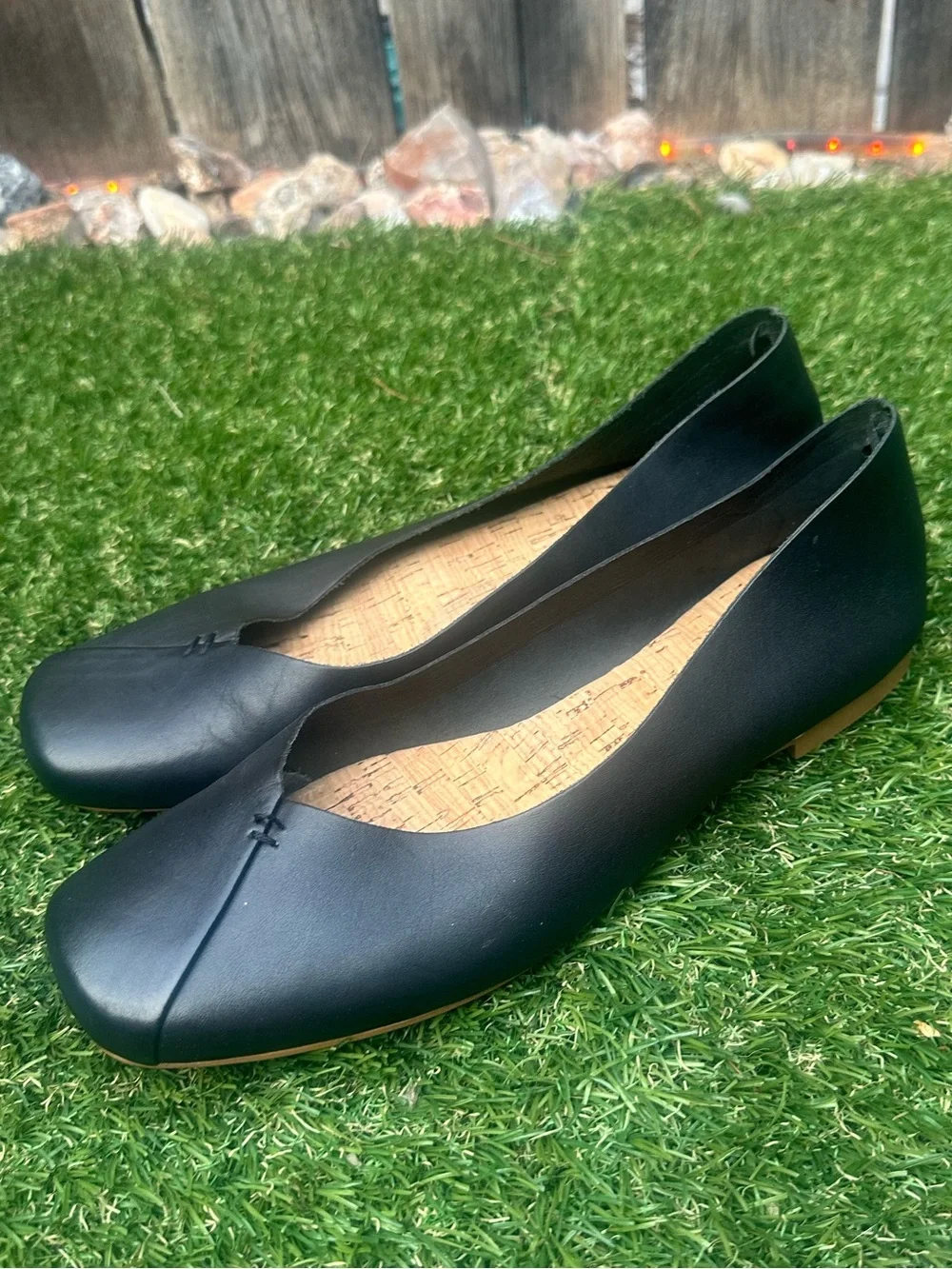 Kork-Ease Black Leather Square-Toe Ballet Flats